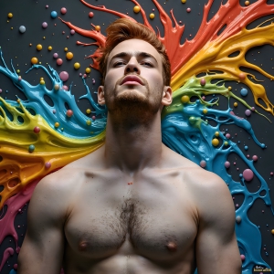Paint Splat Fun - AI Photos of Hot men having fun with body paint. AI-generated abstract art featuring beautiful, handsome, sexy, shirtless, men, boys, lads, full of excitement joy and fun, covered in body paint, dynamic, interactive, Combining elements of realism with surreal abstract qualities, showcasing the potential of AI, in artistic expression. Photos of guys, just smiling, happy, and having a good time. Most of them are smiling because a paint bomb just blow up next to them, so I'm calling is Abstract Art. When paint attacks and makes people happy, it's Art!