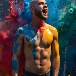 Paint Splat Fun - AI Photos of Hot men having fun with body paint. AI-generated abstract art featuring beautiful, handsome, sexy, shirtless, men, boys, lads, full of excitement joy and fun, covered in body paint, dynamic, interactive, Combining elements of realism with surreal abstract qualities, showcasing the potential of AI, in artistic expression. Photos of guys, just smiling, happy, and having a good time. Most of them are smiling because a paint bomb just blow up next to them, so I'm calling is Abstract Art. When paint attacks and makes people happy, it's Art!