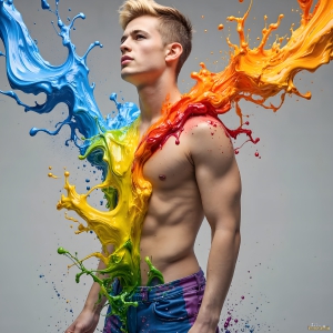 Paint Splat Fun - AI Photos of Hot men having fun with body paint. AI-generated abstract art featuring beautiful, handsome, sexy, shirtless, men, boys, lads, full of excitement joy and fun, covered in body paint, dynamic, interactive, Combining elements of realism with surreal abstract qualities, showcasing the potential of AI, in artistic expression. Photos of guys, just smiling, happy, and having a good time. Most of them are smiling because a paint bomb just blow up next to them, so I'm calling is Abstract Art. When paint attacks and makes people happy, it's Art!