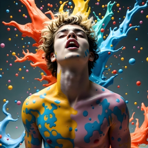 Paint Splat Fun - AI Photos of Hot men having fun with body paint. AI-generated abstract art featuring beautiful, handsome, sexy, shirtless, men, boys, lads, full of excitement joy and fun, covered in body paint, dynamic, interactive, Combining elements of realism with surreal abstract qualities, showcasing the potential of AI, in artistic expression. Photos of guys, just smiling, happy, and having a good time. Most of them are smiling because a paint bomb just blow up next to them, so I'm calling is Abstract Art. When paint attacks and makes people happy, it's Art!