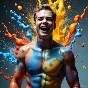 Paint Splat Fun - AI Photos of Hot men having fun with body paint. AI-generated abstract art featuring beautiful, handsome, sexy, shirtless, men, boys, lads, full of excitement joy and fun, covered in body paint, dynamic, interactive, Combining elements of realism with surreal abstract qualities, showcasing the potential of AI, in artistic expression. Photos of guys, just smiling, happy, and having a good time. Most of them are smiling because a paint bomb just blow up next to them, so I'm calling is Abstract Art. When paint attacks and makes people happy, it's Art!