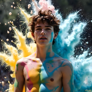 Paint Splat Fun - AI Photos of Hot men having fun with body paint. AI-generated abstract art featuring beautiful, handsome, sexy, shirtless, men, boys, lads, full of excitement joy and fun, covered in body paint, dynamic, interactive, Combining elements of realism with surreal abstract qualities, showcasing the potential of AI, in artistic expression. Photos of guys, just smiling, happy, and having a good time. Most of them are smiling because a paint bomb just blow up next to them, so I'm calling is Abstract Art. When paint attacks and makes people happy, it's Art!