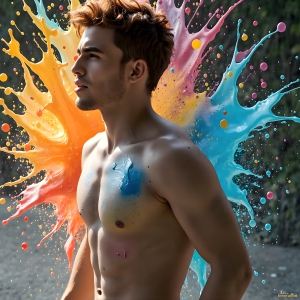 Paint Splat Fun - AI Photos of Hot men having fun with body paint. AI-generated abstract art featuring beautiful, handsome, sexy, shirtless, men, boys, lads, full of excitement joy and fun, covered in body paint, dynamic, interactive, Combining elements of realism with surreal abstract qualities, showcasing the potential of AI, in artistic expression. Photos of guys, just smiling, happy, and having a good time. Most of them are smiling because a paint bomb just blow up next to them, so I'm calling is Abstract Art. When paint attacks and makes people happy, it's Art!