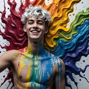 Paint Splat Fun - AI Photos of Hot men having fun with body paint. AI-generated abstract art featuring beautiful, handsome, sexy, shirtless, men, boys, lads, full of excitement joy and fun, covered in body paint, dynamic, interactive, Combining elements of realism with surreal abstract qualities, showcasing the potential of AI, in artistic expression. Photos of guys, just smiling, happy, and having a good time. Most of them are smiling because a paint bomb just blow up next to them, so I'm calling is Abstract Art. When paint attacks and makes people happy, it's Art!