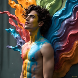 Paint Splat Fun - AI Photos of Hot men having fun with body paint. AI-generated abstract art featuring beautiful, handsome, sexy, shirtless, men, boys, lads, full of excitement joy and fun, covered in body paint, dynamic, interactive, Combining elements of realism with surreal abstract qualities, showcasing the potential of AI, in artistic expression. Photos of guys, just smiling, happy, and having a good time. Most of them are smiling because a paint bomb just blow up next to them, so I'm calling is Abstract Art. When paint attacks and makes people happy, it's Art!