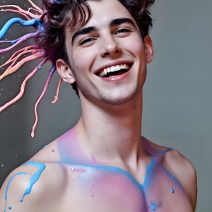 Paint Splat Fun - AI Photos of Hot men having fun with body paint. AI-generated abstract art featuring beautiful, handsome, sexy, shirtless, men, boys, lads, full of excitement joy and fun, covered in body paint, dynamic, interactive, Combining elements of realism with surreal abstract qualities, showcasing the potential of AI, in artistic expression. Photos of guys, just smiling, happy, and having a good time. Most of them are smiling because a paint bomb just blow up next to them, so I'm calling is Abstract Art. When paint attacks and makes people happy, it's Art!