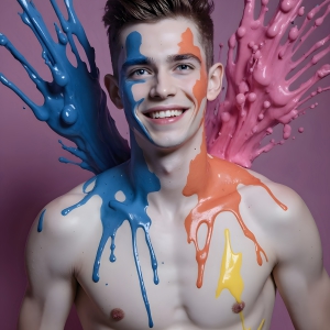 Paint Splat Fun - AI Photos of Hot men having fun with body paint. AI-generated abstract art featuring beautiful, handsome, sexy, shirtless, men, boys, lads, full of excitement joy and fun, covered in body paint, dynamic, interactive, Combining elements of realism with surreal abstract qualities, showcasing the potential of AI, in artistic expression. Photos of guys, just smiling, happy, and having a good time. Most of them are smiling because a paint bomb just blow up next to them, so I'm calling is Abstract Art. When paint attacks and makes people happy, it's Art!