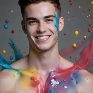 Paint Splat Fun - AI Photos of Hot men having fun with body paint. AI-generated abstract art featuring beautiful, handsome, sexy, shirtless, men, boys, lads, full of excitement joy and fun, covered in body paint, dynamic, interactive, Combining elements of realism with surreal abstract qualities, showcasing the potential of AI, in artistic expression. Photos of guys, just smiling, happy, and having a good time. Most of them are smiling because a paint bomb just blow up next to them, so I'm calling is Abstract Art. When paint attacks and makes people happy, it's Art!
