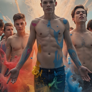 Paint Splat Fun - AI Photos of Hot men having fun with body paint. AI-generated abstract art featuring beautiful, handsome, sexy, shirtless, men, boys, lads, full of excitement joy and fun, covered in body paint, dynamic, interactive, Combining elements of realism with surreal abstract qualities, showcasing the potential of AI, in artistic expression. Photos of guys, just smiling, happy, and having a good time. Most of them are smiling because a paint bomb just blow up next to them, so I'm calling is Abstract Art. When paint attacks and makes people happy, it's Art!