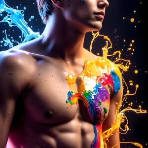 Paint Splat Fun - AI Photos of Hot men having fun with body paint. AI-generated abstract art featuring beautiful, handsome, sexy, shirtless, men, boys, lads, full of excitement joy and fun, covered in body paint, dynamic, interactive, Combining elements of realism with surreal abstract qualities, showcasing the potential of AI, in artistic expression. Photos of guys, just smiling, happy, and having a good time. Most of them are smiling because a paint bomb just blow up next to them, so I'm calling is Abstract Art. When paint attacks and makes people happy, it's Art!