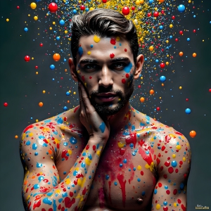 Paint Splat Fun - AI Photos of Hot men having fun with body paint. AI-generated abstract art featuring beautiful, handsome, sexy, shirtless, men, boys, lads, full of excitement joy and fun, covered in body paint, dynamic, interactive, Combining elements of realism with surreal abstract qualities, showcasing the potential of AI, in artistic expression. Photos of guys, just smiling, happy, and having a good time. Most of them are smiling because a paint bomb just blow up next to them, so I'm calling is Abstract Art. When paint attacks and makes people happy, it's Art!