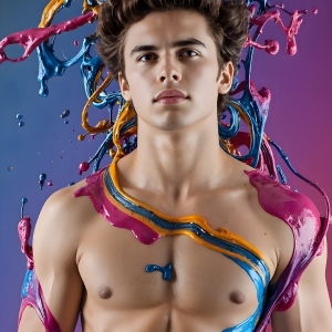 Paint Splat Fun - AI Photos of Hot men having fun with body paint. AI-generated abstract art featuring beautiful, handsome, sexy, shirtless, men, boys, lads, full of excitement joy and fun, covered in body paint, dynamic, interactive, Combining elements of realism with surreal abstract qualities, showcasing the potential of AI, in artistic expression. Photos of guys, just smiling, happy, and having a good time. Most of them are smiling because a paint bomb just blow up next to them, so I'm calling is Abstract Art. When paint attacks and makes people happy, it's Art!