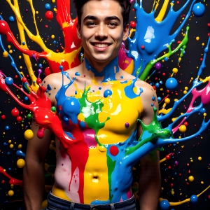Paint Splat Fun - AI Photos of Hot men having fun with body paint. AI-generated abstract art featuring beautiful, handsome, sexy, shirtless, men, boys, lads, full of excitement joy and fun, covered in body paint, dynamic, interactive, Combining elements of realism with surreal abstract qualities, showcasing the potential of AI, in artistic expression. Photos of guys, just smiling, happy, and having a good time. Most of them are smiling because a paint bomb just blow up next to them, so I'm calling is Abstract Art. When paint attacks and makes people happy, it's Art!