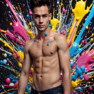 Paint Splat Fun - AI Photos of Hot men having fun with body paint. AI-generated abstract art featuring beautiful, handsome, sexy, shirtless, men, boys, lads, full of excitement joy and fun, covered in body paint, dynamic, interactive, Combining elements of realism with surreal abstract qualities, showcasing the potential of AI, in artistic expression. Photos of guys, just smiling, happy, and having a good time. Most of them are smiling because a paint bomb just blow up next to them, so I'm calling is Abstract Art. When paint attacks and makes people happy, it's Art!