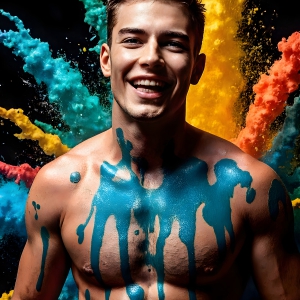 Paint Splat Fun - AI Photos of Hot men having fun with body paint. AI-generated abstract art featuring beautiful, handsome, sexy, shirtless, men, boys, lads, full of excitement joy and fun, covered in body paint, dynamic, interactive, Combining elements of realism with surreal abstract qualities, showcasing the potential of AI, in artistic expression. Photos of guys, just smiling, happy, and having a good time. Most of them are smiling because a paint bomb just blow up next to them, so I'm calling is Abstract Art. When paint attacks and makes people happy, it's Art!
