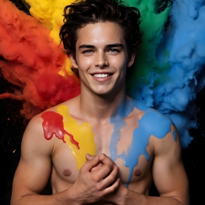 Paint Splat Fun - AI Photos of Hot men having fun with body paint. AI-generated abstract art featuring beautiful, handsome, sexy, shirtless, men, boys, lads, full of excitement joy and fun, covered in body paint, dynamic, interactive, Combining elements of realism with surreal abstract qualities, showcasing the potential of AI, in artistic expression. Photos of guys, just smiling, happy, and having a good time. Most of them are smiling because a paint bomb just blow up next to them, so I'm calling is Abstract Art. When paint attacks and makes people happy, it's Art!