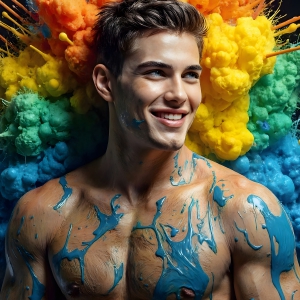 Paint Splat Fun - AI Photos of Hot men having fun with body paint. AI-generated abstract art featuring beautiful, handsome, sexy, shirtless, men, boys, lads, full of excitement joy and fun, covered in body paint, dynamic, interactive, Combining elements of realism with surreal abstract qualities, showcasing the potential of AI, in artistic expression. Photos of guys, just smiling, happy, and having a good time. Most of them are smiling because a paint bomb just blow up next to them, so I'm calling is Abstract Art. When paint attacks and makes people happy, it's Art!