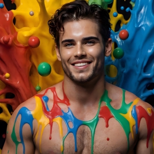 Paint Splat Fun - AI Photos of Hot men having fun with body paint. AI-generated abstract art featuring beautiful, handsome, sexy, shirtless, men, boys, lads, full of excitement joy and fun, covered in body paint, dynamic, interactive, Combining elements of realism with surreal abstract qualities, showcasing the potential of AI, in artistic expression. Photos of guys, just smiling, happy, and having a good time. Most of them are smiling because a paint bomb just blow up next to them, so I'm calling is Abstract Art. When paint attacks and makes people happy, it's Art!