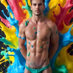 Paint Splat Fun - AI Photos of Hot men having fun with body paint. AI-generated abstract art featuring beautiful, handsome, sexy, shirtless, men, boys, lads, full of excitement joy and fun, covered in body paint, dynamic, interactive, Combining elements of realism with surreal abstract qualities, showcasing the potential of AI, in artistic expression. Photos of guys, just smiling, happy, and having a good time. Most of them are smiling because a paint bomb just blow up next to them, so I'm calling is Abstract Art. When paint attacks and makes people happy, it's Art!