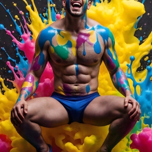 Paint Splat Fun - AI Photos of Hot men having fun with body paint. AI-generated abstract art featuring beautiful, handsome, sexy, shirtless, men, boys, lads, full of excitement joy and fun, covered in body paint, dynamic, interactive, Combining elements of realism with surreal abstract qualities, showcasing the potential of AI, in artistic expression. Photos of guys, just smiling, happy, and having a good time. Most of them are smiling because a paint bomb just blow up next to them, so I'm calling is Abstract Art. When paint attacks and makes people happy, it's Art!