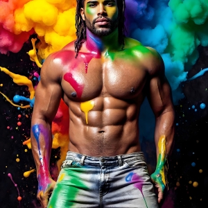 Paint Splat Fun - AI Photos of Hot men having fun with body paint. AI-generated abstract art featuring beautiful, handsome, sexy, shirtless, men, boys, lads, full of excitement joy and fun, covered in body paint, dynamic, interactive, Combining elements of realism with surreal abstract qualities, showcasing the potential of AI, in artistic expression. Photos of guys, just smiling, happy, and having a good time. Most of them are smiling because a paint bomb just blow up next to them, so I'm calling is Abstract Art. When paint attacks and makes people happy, it's Art!