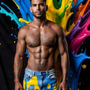 Paint Splat Fun - AI Photos of Hot men having fun with body paint. AI-generated abstract art featuring beautiful, handsome, sexy, shirtless, men, boys, lads, full of excitement joy and fun, covered in body paint, dynamic, interactive, Combining elements of realism with surreal abstract qualities, showcasing the potential of AI, in artistic expression. Photos of guys, just smiling, happy, and having a good time. Most of them are smiling because a paint bomb just blow up next to them, so I'm calling is Abstract Art. When paint attacks and makes people happy, it's Art!