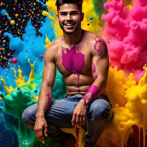 Paint Splat Fun - AI Photos of Hot men having fun with body paint. AI-generated abstract art featuring beautiful, handsome, sexy, shirtless, men, boys, lads, full of excitement joy and fun, covered in body paint, dynamic, interactive, Combining elements of realism with surreal abstract qualities, showcasing the potential of AI, in artistic expression. Photos of guys, just smiling, happy, and having a good time. Most of them are smiling because a paint bomb just blow up next to them, so I'm calling is Abstract Art. When paint attacks and makes people happy, it's Art!