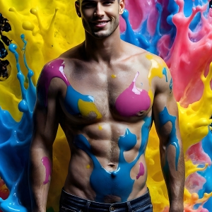 Paint Splat Fun - AI Photos of Hot men having fun with body paint. AI-generated abstract art featuring beautiful, handsome, sexy, shirtless, men, boys, lads, full of excitement joy and fun, covered in body paint, dynamic, interactive, Combining elements of realism with surreal abstract qualities, showcasing the potential of AI, in artistic expression. Photos of guys, just smiling, happy, and having a good time. Most of them are smiling because a paint bomb just blow up next to them, so I'm calling is Abstract Art. When paint attacks and makes people happy, it's Art!