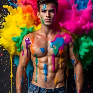 Paint Splat Fun - AI Photos of Hot men having fun with body paint. AI-generated abstract art featuring beautiful, handsome, sexy, shirtless, men, boys, lads, full of excitement joy and fun, covered in body paint, dynamic, interactive, Combining elements of realism with surreal abstract qualities, showcasing the potential of AI, in artistic expression. Photos of guys, just smiling, happy, and having a good time. Most of them are smiling because a paint bomb just blow up next to them, so I'm calling is Abstract Art. When paint attacks and makes people happy, it's Art!