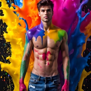 Paint Splat Fun - AI Photos of Hot men having fun with body paint. AI-generated abstract art featuring beautiful, handsome, sexy, shirtless, men, boys, lads, full of excitement joy and fun, covered in body paint, dynamic, interactive, Combining elements of realism with surreal abstract qualities, showcasing the potential of AI, in artistic expression. Photos of guys, just smiling, happy, and having a good time. Most of them are smiling because a paint bomb just blow up next to them, so I'm calling is Abstract Art. When paint attacks and makes people happy, it's Art!