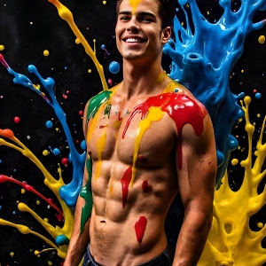 Paint Splat Fun - AI Photos of Hot men having fun with body paint. AI-generated abstract art featuring beautiful, handsome, sexy, shirtless, men, boys, lads, full of excitement joy and fun, covered in body paint, dynamic, interactive, Combining elements of realism with surreal abstract qualities, showcasing the potential of AI, in artistic expression. Photos of guys, just smiling, happy, and having a good time. Most of them are smiling because a paint bomb just blow up next to them, so I'm calling is Abstract Art. When paint attacks and makes people happy, it's Art!