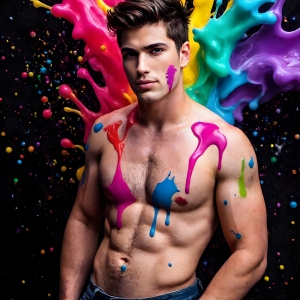 Paint Splat Fun - AI Photos of Hot men having fun with body paint. AI-generated abstract art featuring beautiful, handsome, sexy, shirtless, men, boys, lads, full of excitement joy and fun, covered in body paint, dynamic, interactive, Combining elements of realism with surreal abstract qualities, showcasing the potential of AI, in artistic expression. Photos of guys, just smiling, happy, and having a good time. Most of them are smiling because a paint bomb just blow up next to them, so I'm calling is Abstract Art. When paint attacks and makes people happy, it's Art!