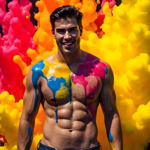 Paint Splat Fun - AI Photos of Hot men having fun with body paint. AI-generated abstract art featuring beautiful, handsome, sexy, shirtless, men, boys, lads, full of excitement joy and fun, covered in body paint, dynamic, interactive, Combining elements of realism with surreal abstract qualities, showcasing the potential of AI, in artistic expression. Photos of guys, just smiling, happy, and having a good time. Most of them are smiling because a paint bomb just blow up next to them, so I'm calling is Abstract Art. When paint attacks and makes people happy, it's Art!