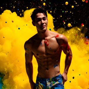Paint Splat Fun - AI Photos of Hot men having fun with body paint. AI-generated abstract art featuring beautiful, handsome, sexy, shirtless, men, boys, lads, full of excitement joy and fun, covered in body paint, dynamic, interactive, Combining elements of realism with surreal abstract qualities, showcasing the potential of AI, in artistic expression. Photos of guys, just smiling, happy, and having a good time. Most of them are smiling because a paint bomb just blow up next to them, so I'm calling is Abstract Art. When paint attacks and makes people happy, it's Art!