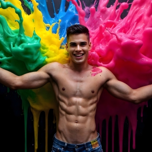Paint Splat Fun - AI Photos of Hot men having fun with body paint. AI-generated abstract art featuring beautiful, handsome, sexy, shirtless, men, boys, lads, full of excitement joy and fun, covered in body paint, dynamic, interactive, Combining elements of realism with surreal abstract qualities, showcasing the potential of AI, in artistic expression. Photos of guys, just smiling, happy, and having a good time. Most of them are smiling because a paint bomb just blow up next to them, so I'm calling is Abstract Art. When paint attacks and makes people happy, it's Art!