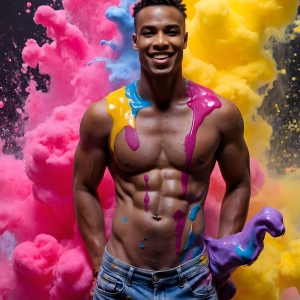 Paint Splat Fun - AI Photos of Hot men having fun with body paint. AI-generated abstract art featuring beautiful, handsome, sexy, shirtless, men, boys, lads, full of excitement joy and fun, covered in body paint, dynamic, interactive, Combining elements of realism with surreal abstract qualities, showcasing the potential of AI, in artistic expression. Photos of guys, just smiling, happy, and having a good time. Most of them are smiling because a paint bomb just blow up next to them, so I'm calling is Abstract Art. When paint attacks and makes people happy, it's Art!