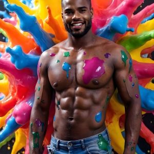 Paint Splat Fun - AI Photos of Hot men having fun with body paint. AI-generated abstract art featuring beautiful, handsome, sexy, shirtless, men, boys, lads, full of excitement joy and fun, covered in body paint, dynamic, interactive, Combining elements of realism with surreal abstract qualities, showcasing the potential of AI, in artistic expression. Photos of guys, just smiling, happy, and having a good time. Most of them are smiling because a paint bomb just blow up next to them, so I'm calling is Abstract Art. When paint attacks and makes people happy, it's Art!