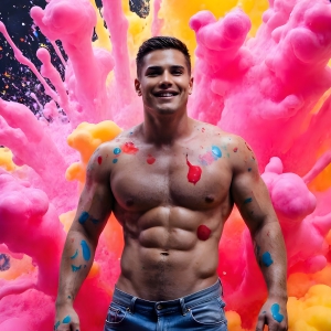 Paint Splat Fun - AI Photos of Hot men having fun with body paint. AI-generated abstract art featuring beautiful, handsome, sexy, shirtless, men, boys, lads, full of excitement joy and fun, covered in body paint, dynamic, interactive, Combining elements of realism with surreal abstract qualities, showcasing the potential of AI, in artistic expression. Photos of guys, just smiling, happy, and having a good time. Most of them are smiling because a paint bomb just blow up next to them, so I'm calling is Abstract Art. When paint attacks and makes people happy, it's Art!