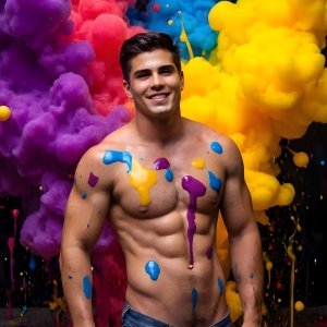 Paint Splat Fun - AI Photos of Hot men having fun with body paint. AI-generated abstract art featuring beautiful, handsome, sexy, shirtless, men, boys, lads, full of excitement joy and fun, covered in body paint, dynamic, interactive, Combining elements of realism with surreal abstract qualities, showcasing the potential of AI, in artistic expression. Photos of guys, just smiling, happy, and having a good time. Most of them are smiling because a paint bomb just blow up next to them, so I'm calling is Abstract Art. When paint attacks and makes people happy, it's Art!