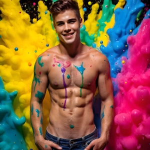 Paint Splat Fun - AI Photos of Hot men having fun with body paint. AI-generated abstract art featuring beautiful, handsome, sexy, shirtless, men, boys, lads, full of excitement joy and fun, covered in body paint, dynamic, interactive, Combining elements of realism with surreal abstract qualities, showcasing the potential of AI, in artistic expression. Photos of guys, just smiling, happy, and having a good time. Most of them are smiling because a paint bomb just blow up next to them, so I'm calling is Abstract Art. When paint attacks and makes people happy, it's Art!