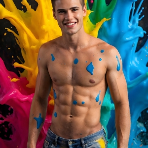 Paint Splat Fun - AI Photos of Hot men having fun with body paint. AI-generated abstract art featuring beautiful, handsome, sexy, shirtless, men, boys, lads, full of excitement joy and fun, covered in body paint, dynamic, interactive, Combining elements of realism with surreal abstract qualities, showcasing the potential of AI, in artistic expression. Photos of guys, just smiling, happy, and having a good time. Most of them are smiling because a paint bomb just blow up next to them, so I'm calling is Abstract Art. When paint attacks and makes people happy, it's Art!