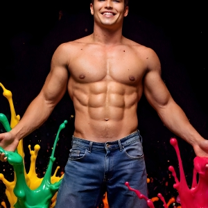 Paint Splat Fun - AI Photos of Hot men having fun with body paint. AI-generated abstract art featuring beautiful, handsome, sexy, shirtless, men, boys, lads, full of excitement joy and fun, covered in body paint, dynamic, interactive, Combining elements of realism with surreal abstract qualities, showcasing the potential of AI, in artistic expression. Photos of guys, just smiling, happy, and having a good time. Most of them are smiling because a paint bomb just blow up next to them, so I'm calling is Abstract Art. When paint attacks and makes people happy, it's Art!