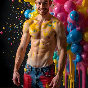 Paint Splat Fun - AI Photos of Hot men having fun with body paint. AI-generated abstract art featuring beautiful, handsome, sexy, shirtless, men, boys, lads, full of excitement joy and fun, covered in body paint, dynamic, interactive, Combining elements of realism with surreal abstract qualities, showcasing the potential of AI, in artistic expression. Photos of guys, just smiling, happy, and having a good time. Most of them are smiling because a paint bomb just blow up next to them, so I'm calling is Abstract Art. When paint attacks and makes people happy, it's Art!