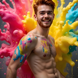 Paint Splat Fun - AI Photos of Hot men having fun with body paint. AI-generated abstract art featuring beautiful, handsome, sexy, shirtless, men, boys, lads, full of excitement joy and fun, covered in body paint, dynamic, interactive, Combining elements of realism with surreal abstract qualities, showcasing the potential of AI, in artistic expression. Photos of guys, just smiling, happy, and having a good time. Most of them are smiling because a paint bomb just blow up next to them, so I'm calling is Abstract Art. When paint attacks and makes people happy, it's Art!