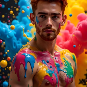 Paint Splat Fun - AI Photos of Hot men having fun with body paint. AI-generated abstract art featuring beautiful, handsome, sexy, shirtless, men, boys, lads, full of excitement joy and fun, covered in body paint, dynamic, interactive, Combining elements of realism with surreal abstract qualities, showcasing the potential of AI, in artistic expression. Photos of guys, just smiling, happy, and having a good time. Most of them are smiling because a paint bomb just blow up next to them, so I'm calling is Abstract Art. When paint attacks and makes people happy, it's Art!