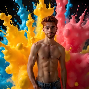Paint Splat Fun - AI Photos of Hot men having fun with body paint. AI-generated abstract art featuring beautiful, handsome, sexy, shirtless, men, boys, lads, full of excitement joy and fun, covered in body paint, dynamic, interactive, Combining elements of realism with surreal abstract qualities, showcasing the potential of AI, in artistic expression. Photos of guys, just smiling, happy, and having a good time. Most of them are smiling because a paint bomb just blow up next to them, so I'm calling is Abstract Art. When paint attacks and makes people happy, it's Art!