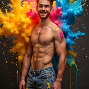 Paint Splat Fun - AI Photos of Hot men having fun with body paint. AI-generated abstract art featuring beautiful, handsome, sexy, shirtless, men, boys, lads, full of excitement joy and fun, covered in body paint, dynamic, interactive, Combining elements of realism with surreal abstract qualities, showcasing the potential of AI, in artistic expression. Photos of guys, just smiling, happy, and having a good time. Most of them are smiling because a paint bomb just blow up next to them, so I'm calling is Abstract Art. When paint attacks and makes people happy, it's Art!