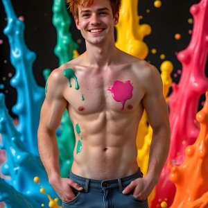 Paint Splat Fun - AI Photos of Hot men having fun with body paint. AI-generated abstract art featuring beautiful, handsome, sexy, shirtless, men, boys, lads, full of excitement joy and fun, covered in body paint, dynamic, interactive, Combining elements of realism with surreal abstract qualities, showcasing the potential of AI, in artistic expression. Photos of guys, just smiling, happy, and having a good time. Most of them are smiling because a paint bomb just blow up next to them, so I'm calling is Abstract Art. When paint attacks and makes people happy, it's Art!