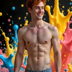 Paint Splat Fun - AI Photos of Hot men having fun with body paint. AI-generated abstract art featuring beautiful, handsome, sexy, shirtless, men, boys, lads, full of excitement joy and fun, covered in body paint, dynamic, interactive, Combining elements of realism with surreal abstract qualities, showcasing the potential of AI, in artistic expression. Photos of guys, just smiling, happy, and having a good time. Most of them are smiling because a paint bomb just blow up next to them, so I'm calling is Abstract Art. When paint attacks and makes people happy, it's Art!