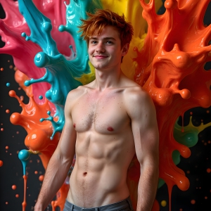 Paint Splat Fun - AI Photos of Hot men having fun with body paint. AI-generated abstract art featuring beautiful, handsome, sexy, shirtless, men, boys, lads, full of excitement joy and fun, covered in body paint, dynamic, interactive, Combining elements of realism with surreal abstract qualities, showcasing the potential of AI, in artistic expression. Photos of guys, just smiling, happy, and having a good time. Most of them are smiling because a paint bomb just blow up next to them, so I'm calling is Abstract Art. When paint attacks and makes people happy, it's Art!